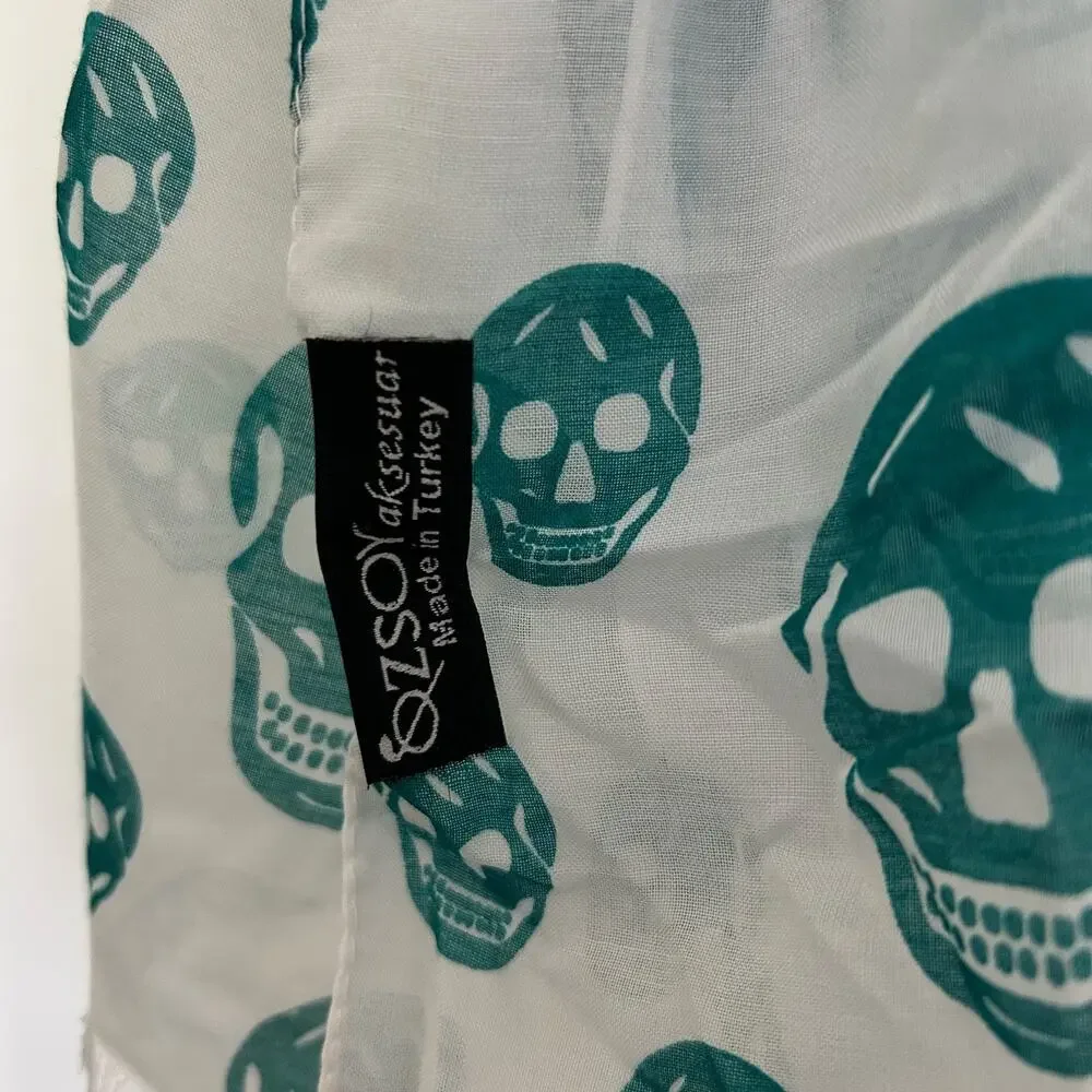 Ozsoy Aksesuar Skull Scarf Teal White Fringe Wrap Gothic Rocker Y2K Lightweight